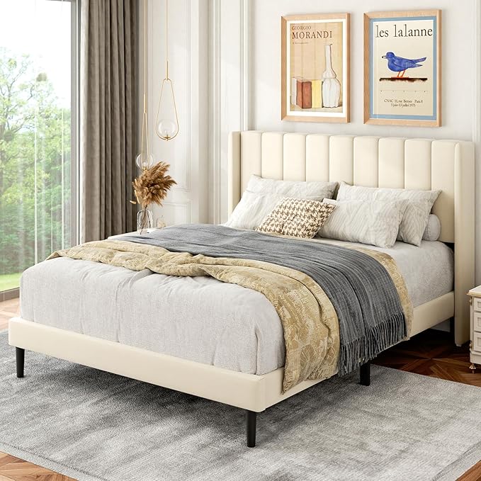 Gruwans Full Size Bed Frame with Upholstered Wingback Headboard, Easy Assemnly Platform Bed, Wooden Slat Support No Box Spring Needed, Cream