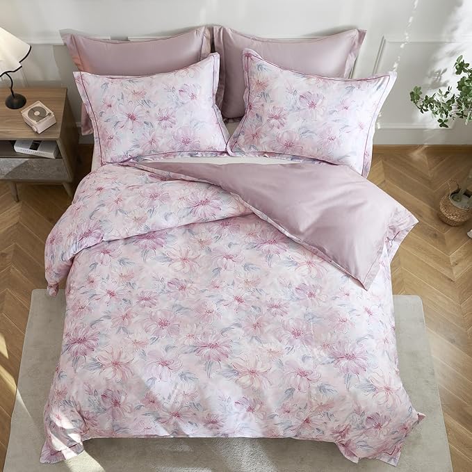 OAITE Duvet Cover Set Queen Size Floral Pattern 600 Thread Count Ultra Soft 100% Long Staple Cotton Duvet Cover Sets 3-PC, Breathable Duvet Cover with Zipper Closure & Corner Ties