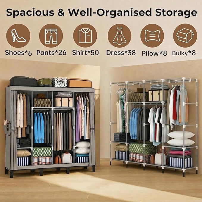 Portable Closet Wardrobe Closet for Hanging Clothes with 4 Hanging Rods for Bedroom, Non-Woven Fabric Clothes Closet for Living Room Easy Assemble (Gray, 4 Columns, 66.9 inch Width)