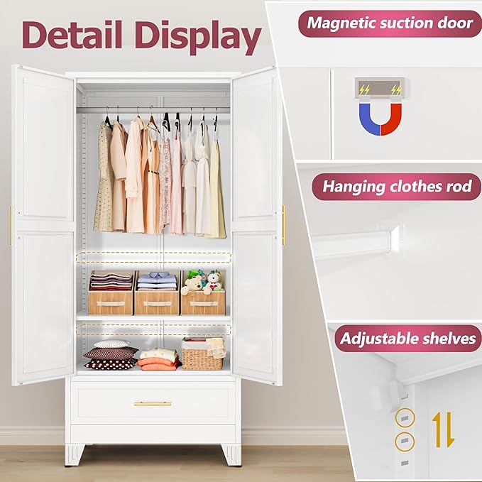 GAIOUS Steel Armoire Wardrobe Closet with 2 Doors, 71" Household Wardrobe Cabinet with Hanging Rod and Drawers, Metal Clothing Storage Cabinet with Adjustable Shelf for Bedroom, Cloak Room, Gym(White)