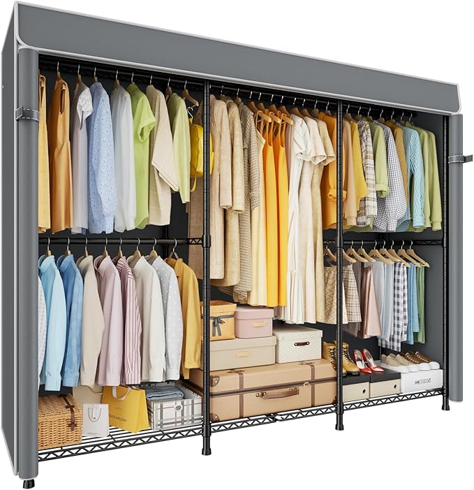 ULIFHOME E14C Pro Heavy Duty Closet Organizer System，Freestanding Clothing Racks for Hanging Clothes，Adjustable Garment Rack 70.1"W × 16.6"D × 76.4"H Hold 960 lbs，Black Rack with Grey Dustproof Cover