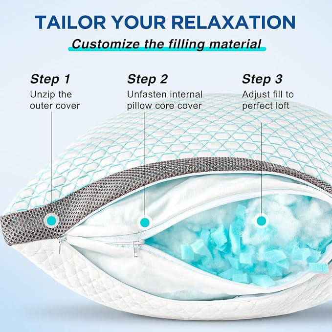 Cooling Pillows King Size Set of 2, Shredded Memory Foam Pillows 2 Pack, Bed Pillow for Hot Sleepers Adjustable Firm Pillow for Side, Back and Stomach Sleepers, Machine Washable