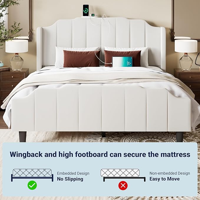 Allewie Vintage Queen Size Velvet Platform Bed Frame with Curved Vertical Tufted Wingback Headboard and Footboard, Charging Station, Easy Assembly, Under Bed Storage, No Box Spring Required, White