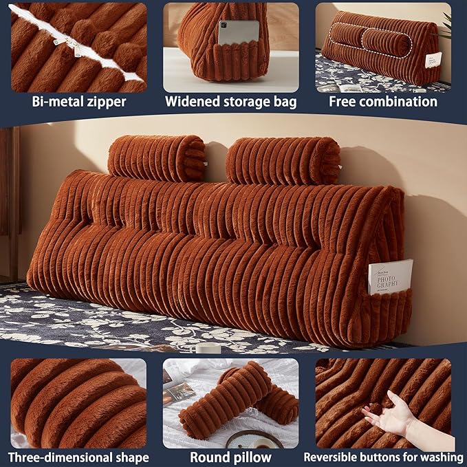 Rycwola Faux Fur Headboard Pillow with 2 Pack Neck Roll Pillow Large Headboard Pillow Soft and Supportive with Removable Cover (Brown, King)