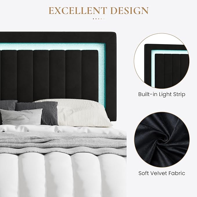 SHA CERLIN Full Size Velvet Bed Frame with LED Light, Adjustable Vertical Channel Tufted Headboard, Strong Wooden Slats Support, Noise-Free, No Box Spring Needed, Black