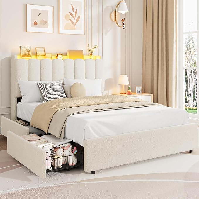 Garvee LED Full Size Bed Frame with Storage Headboard, Kids Bed Frame with 2 Drawers, Boucle Upholstered Platform Bed for Girls, Chic Wavy Headboard with Bookcase, No Box Spring Needed, White