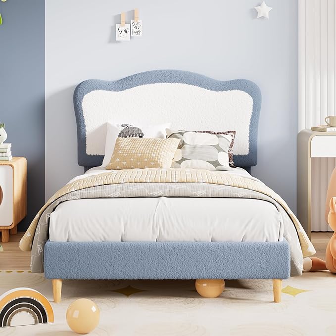 GarveeHome Upholstered Twin Bed Frame for Kids with Scallop Headboard, Cute Velvet Twin Bed for Girls, Boys, Sturdy Platform Bed, No Box Spring Needed, Wooden Slats, Noise Free, Blue White