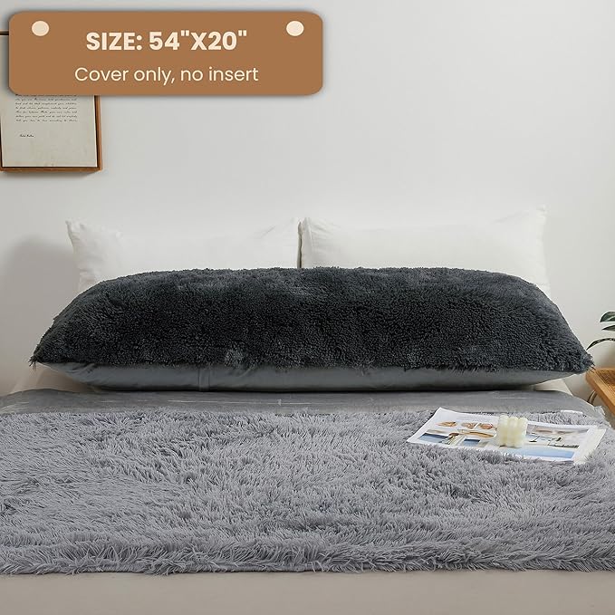 MEGO Shaggy Plush Body Pillow Cover, Grey Faux Fur Fluffy Body Pillowcase, 20x54 Boho Fuzzy Body Pillow Case, Furry Long Big Throw Pillow Sham with Zipper for Home Bedding Couch Living Room Dark Gray