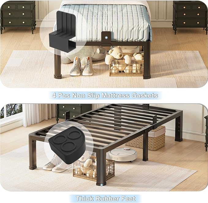 Yitong Angel 18 inch Twin XL Bed Frame with Rounded Corner Legs and Headboard Hole Mattress Slide Stopper 3500 LBS Heavy Duty Support Metal Platform,No Box Spring Needed, Noise Free,Easy Assembly