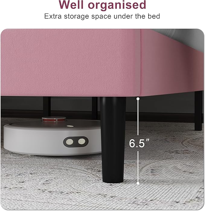 Full Size Bed Frame with Headboard, Velvet Upholstered Platform Bed Frame, Sturdy Slatted Support for Springless Mattresses, Silent Operation, Easy to Assemble, Pink