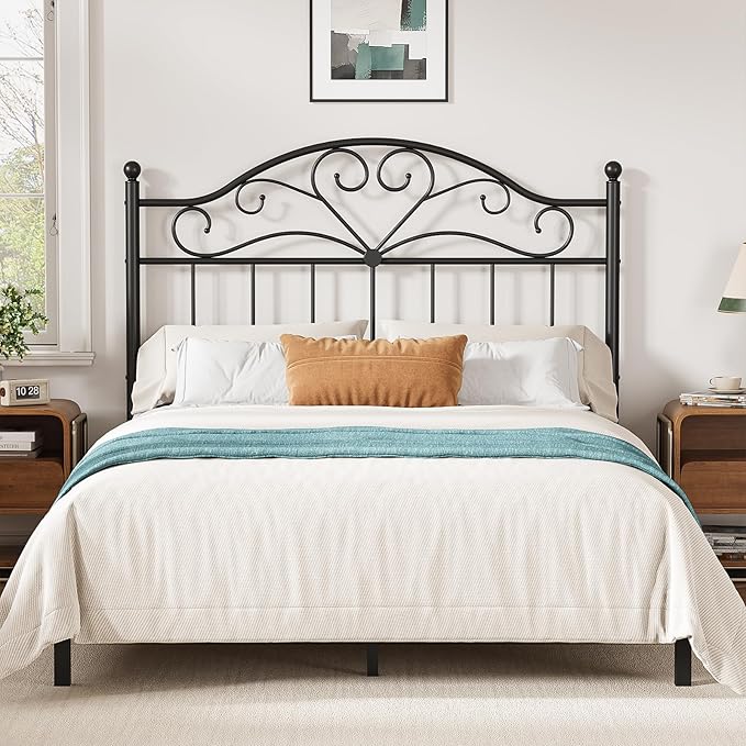 Merronix Vintage Headboard for Queen Size Bed Frame, Metal Headboard Only Queen Size Freestanding Headboard with Universal Adapters, Height Adjustable, Easy Assembly, Black
