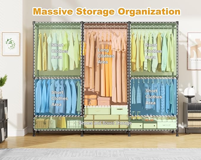ULIFHOME E14C Pro Heavy Duty Closet Organizer System，Freestanding Clothing Racks for Hanging Clothes，Adjustable Garment Rack 70.1"W × 16.6"D × 76.4"H Hold 960 lbs，Black Rack with Black Dustproof Cover