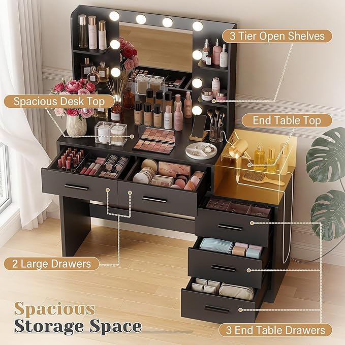 YESHOMY Makeup Vanity Desk with Mirror & Lights, Vanity Table with 5 Drawer, 6 Shelves, Charging Station for Bedroom, Dressing Room, Dark Black