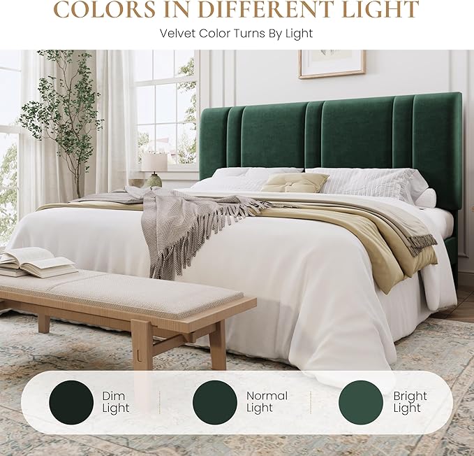 SHA CERLIN King Size Platform Bed Frame, Velvet Upholstered Bed with Adjustable Headboard, Vertical Channel Tufted Design, Sturdy Wood Slat Support, No Box Spring Needed, Easy Assembly, Green