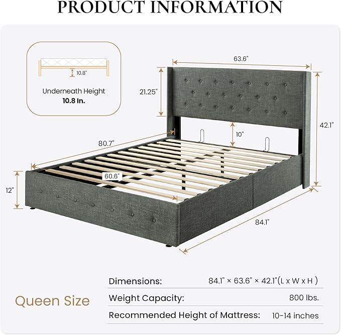SHA CERLIN Queen Size Lift Up Storage Bed Frame,Button Tufted Wingback Headboard,Upholstered Platform,Hydraulic Storage,Wooden Slat Support,No Box Spring,Dark Grey