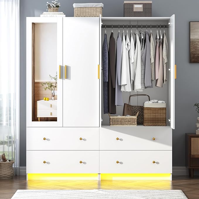 chartustriable 2 Doors Armoire Wardrobe Closet with Mirror, LED Closet with Doors and Drawers, Wooden Wardrobe Storage Cabinet with Hanging Rod, Small Armoire, White