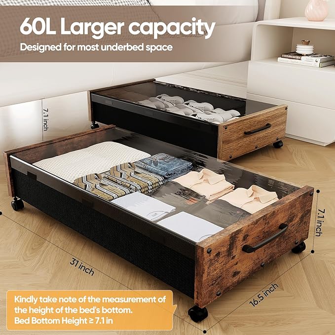 KITHELP Wooden Under Bed Storage with Wheels, Rolling Under the Bed Storage Bins with Removable Lid, Metal Under Bed Drawers for Clothes and Shoes in Bedroom or Living Room(Walnut Brown-2pack)