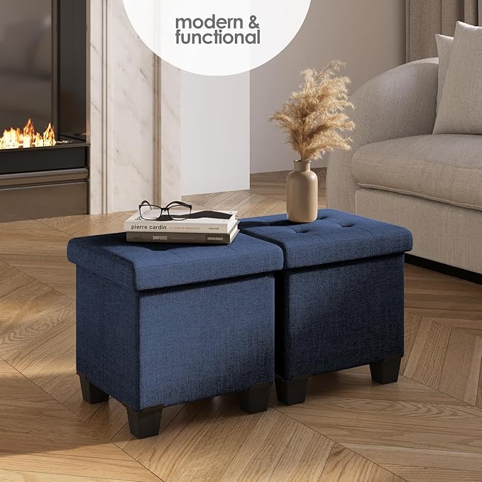 Storage Ottoman Cube with Small Bin, 15-in Square Ottoman with Storage for Living Room and Bedroom, Small Ottomans Foot Rest, Fabric Foot Stools Ottomans Max 330lbs, Blue