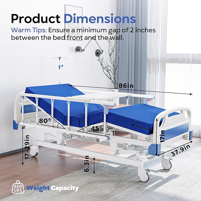Premium Full Electric Hospital Bed for Home Use, 5 Function Medical Bed with 4.7” Foam Mattress, Height Adjustable, Individual Locking, Includes Tray and Sheets (2X)