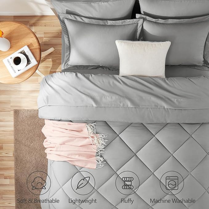 CozyLux Queen Comforter Set Light Grey - Bed in a Bag Queen Size 7 Pieces, Luxury Soft Bed Set for All Seasons, Bedding Set with Down Alternative Comforter, Sheets, Pillowcases & Shams