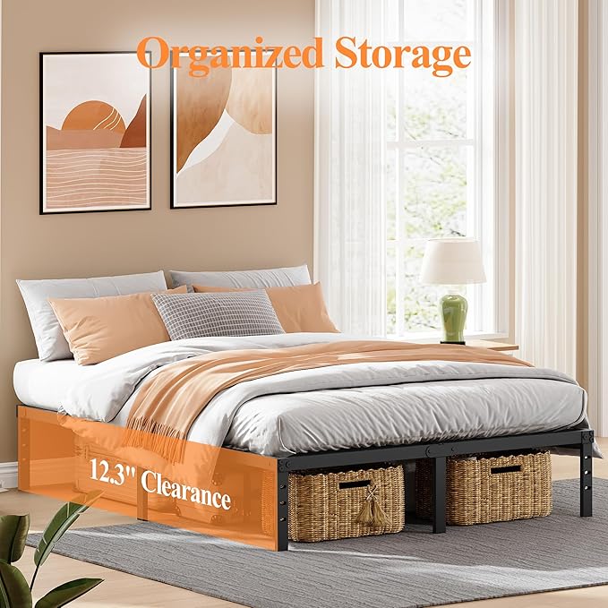 16 Inch Queen Metal Bed Frame, Heavy Duty Platform with Underbed Storage, Sturdy Steel Support, Easy Assembly, No Box Spring Needed, Mattress Foundation, Black