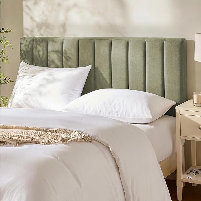 Hearth & Harbor Upholstered Full Headboard - Easy Assemble Channel Stitched Headboard Full Size - Wall Mounted Headboards with 3D Soundproof Wall Panels Peel & Stick Floating Headboards, Olive Green