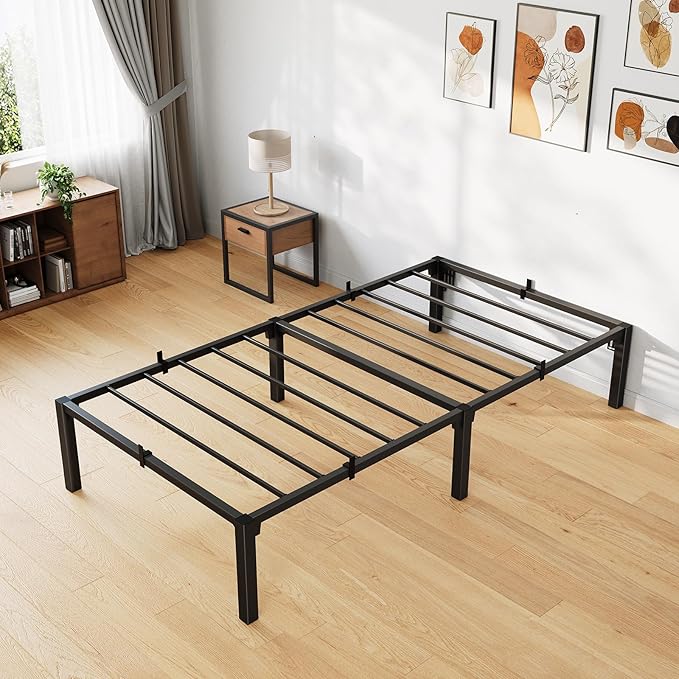 14 Inch Twin Metal Bed Frame, Heavy Duty Metal Platform Bed Frame with Reinforced Slats Support, 800 Lbs Load Capacity, Noise Free, No Box Spring Needed and Screws , Tool-Free Assembly Bed Frame