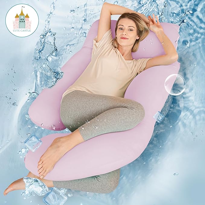 Cute Castle Cooling Cover Pregnancy Pillows, Soft U-Shape Maternity Pillow with Removable Cover - Full Body Pillows for Adults Sleeping - Pregnancy Must Haves - Jumbo 57 Inch - Purple
