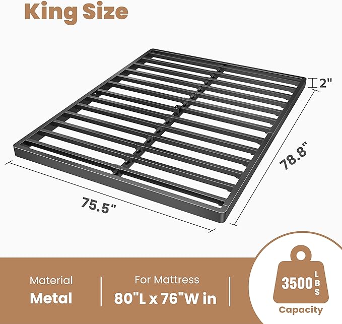 ROIL 2 Inch King Metal Box Spring Low Profile, Bunkie Board Bed Slat Replacement with Round Corners, 3500 lbs Capacity Heavy Duty Steel Slats, Easy Assembly, Noise Free