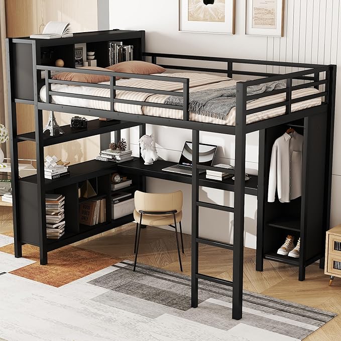 Full Size Loft Bed with L Shaped Desk, Wardrobe and Storage Shelves, Metal Heavy Duty Loft Bed Frames with Ladder and Guardrails for Kids, Teens, Juniors, Space Saving (Black, Full)