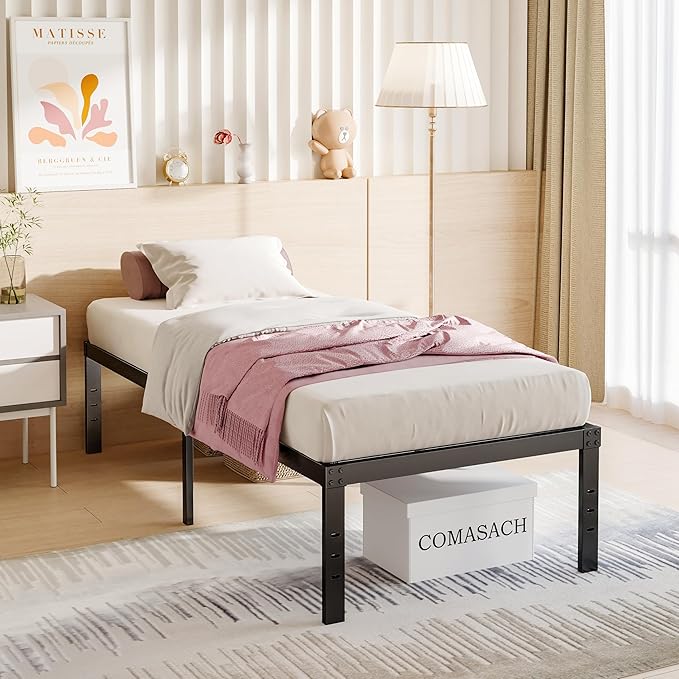 18 Inch Tall-Bed-Frame Twin Size, Heavy Duty Black Metal Bed Frames No Box-Spring Needed, Easy Assembly, Under Bed Storage, Noise Free Mattress-Foundation Support up to 1000Lbs