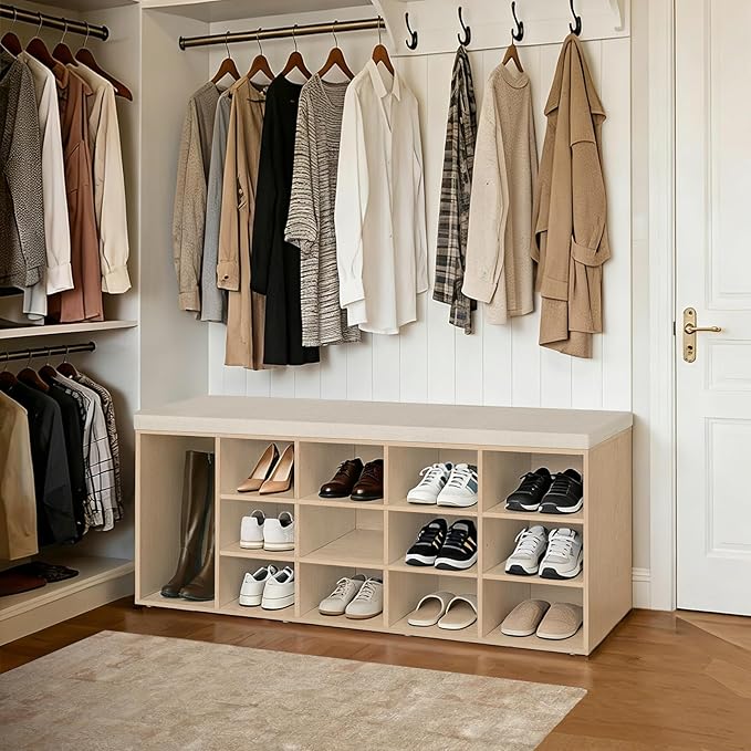 DINZI LVJ Shoe Storage Bench with Cushion, 13-Cubby Shoe Rack, Adjustable Shelves, Multifunctional Shoe Organizer Bench for Entryway, Mudroom, Hallway, Living Room, Bedroom and Garage, Natural