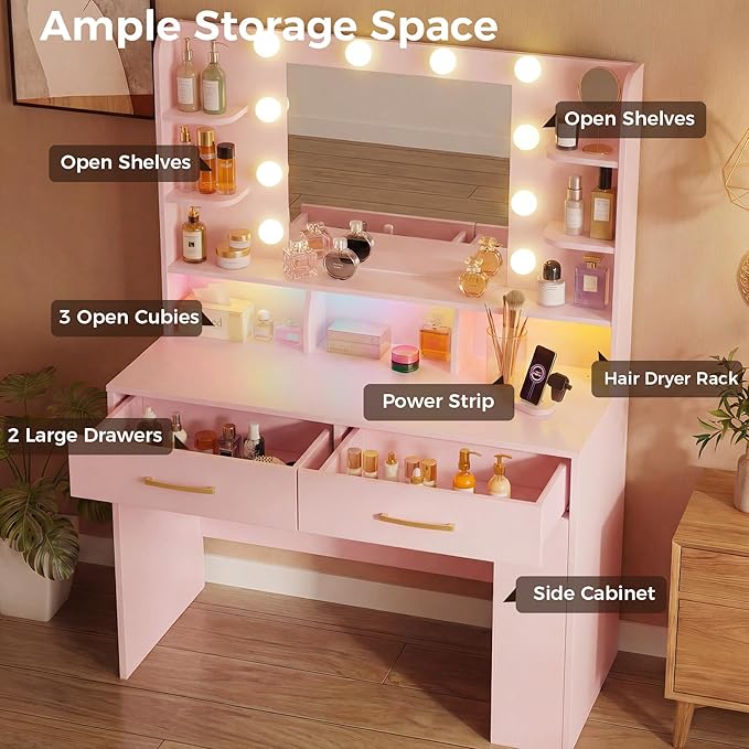 LUCKRACER Vanity Desk with LED Lights Mirror & Charging Station, Makeup Vanity with Storage Drawers and Shelves, Modern Dressing Table for Women Girls Bedroom, Pink