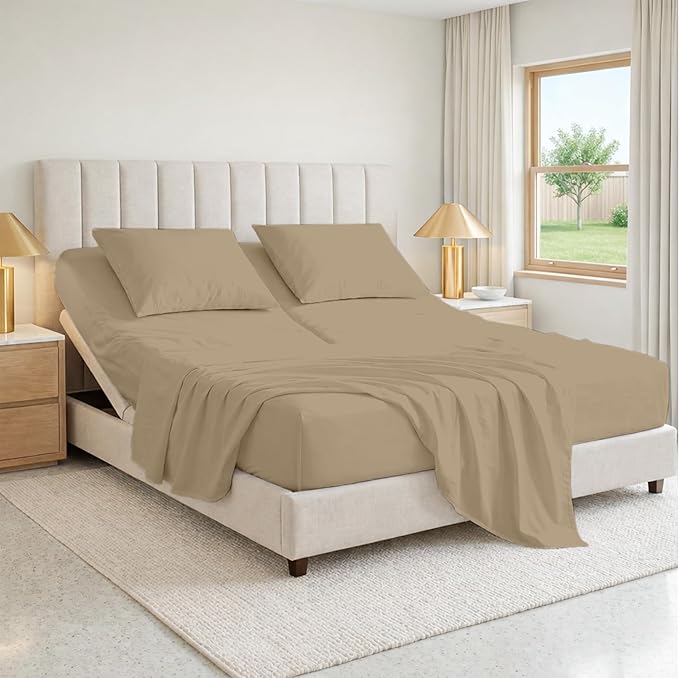 SGI bedding 32" King Split Top Flex Head Sheet 100% Egyptian Cotton Sheet Set 1000 Thread Count Flex Top Sheet for Adjustable Bed 4Pc Sheet Set 15" Deep Pocket for Sleep Number Bed- Beige