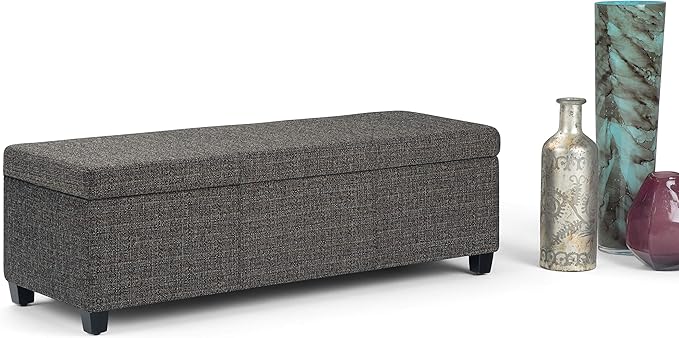 SIMPLIHOME Avalon Storage Ottoman Bench - 48" Wide x 16" High Upholstered Tweed Look Fabric Rectangular Lift-Top Ottoman in Dark Grey, Contemporary Storage Bench for Living Room with High-Density Foam