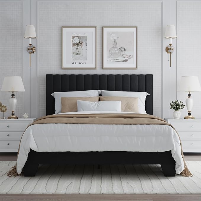 Full Bed Frame, Velvet Upholstered Platform Bed Frame with Adjustable Headboard, Vertical Quilted Design, Sturdy Slatted Mattress Base, Easy to Assemble, Black