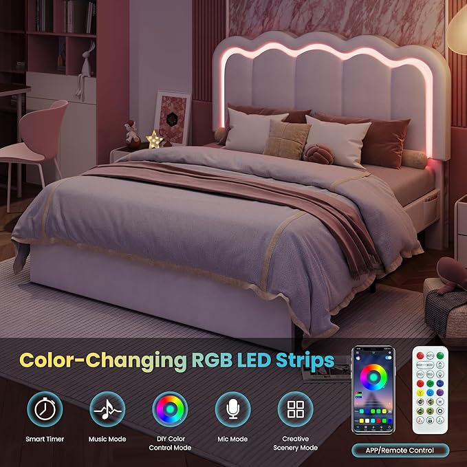 SHA CERLIN Upholstered Queen Size Bed Frame with LED Lights and Large Storage Drawer, Velvet Platform Bed with Adjustable Wavy Headboard, Noise Free, Easy Assembly, No Box Spring Needed, Soft White