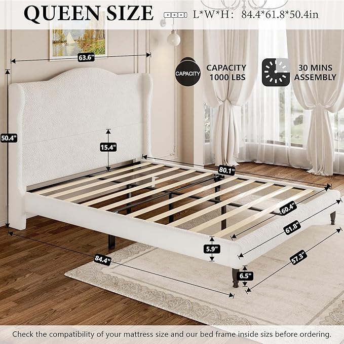 Queen Bed Frame with Wingback Headboard, Upholstered Boucle Platform Bed Frame Easy Assemnly, Solid Wooden Slats Support, Noise-Free, No Box Spring Needed, Soft Cloud Bed for Bedroom, Cream