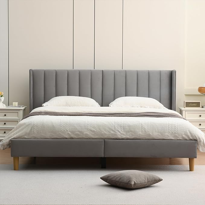 YUHUASHI upholstered Platform Bed Frame/King Bed Frame/Modern Geometric Double-Wing Design headboard/Velvet Fabric/Easy to Assemble no Noise (Grey, King (U.S. Standard))