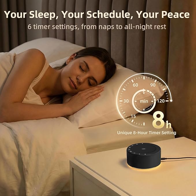 Kipcush White Noise Machine - Soft Non-Glare Nursery Lamp, 30 Soothing Sounds, 8 Color Lights, Max 8-Hour Timer for Baby & Adults (Black, Standard)
