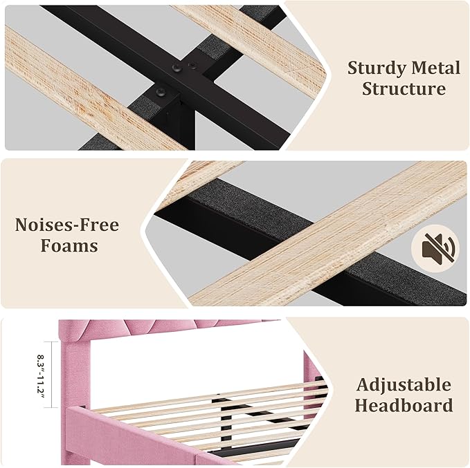 GarveeHome Pink Twin XL Bed Frame with Upholstered Headboard, Heavy-Duty Platform Bed Frame with Adjustable Headboard, Strong Wood Slat Support/No Box Spring Needed/Noise Free