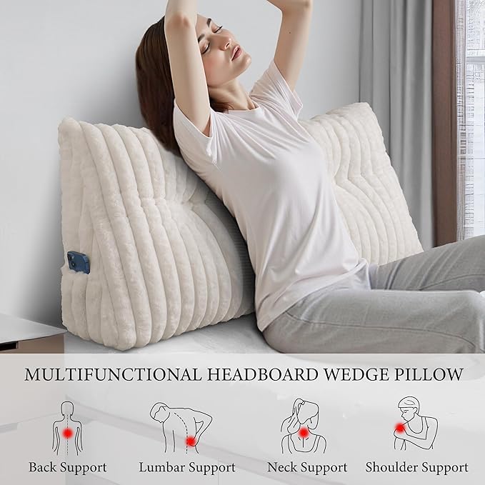 Headboard Pillow Full, Triangular Wedge Pillow Headboard Full, Cushion Headboards Reading Pillows, Backrest Pillows for Sitting in Bed or Working with Removable Cover, Beige