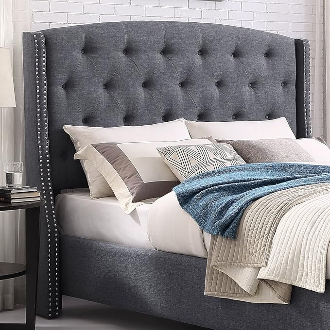 Roundhill Furniture Nantarre Fabric Tufted Wingback Upholstered Bed with Nailhead Trim, Queen, Gray