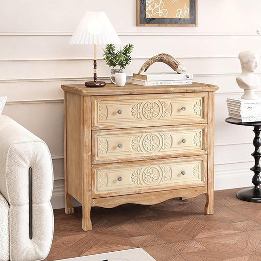FansaFurn 3 Drawer Dresser with Pattern Carved Drawers, Vintage 3 Chest of Drawers for Bedroom, Wooden 3 Drawer Chest, Wide Nightstand, Large Side Table for Living Room, Natural