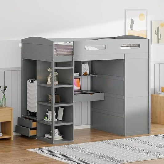 Multi-Functional Twin Size Loft Bed with Built-in Desk and Wardrobes, Solid Wood Loft Bed Frame with 4 Drawers and 4 Shelves for Kids Teens Boys Adults, Maximize Space (Gray-t)