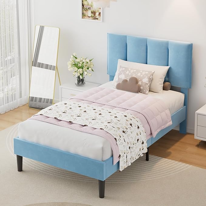 VECELO Twin Size Bed Frame with Upholstered Headboard, Heavy-Duty Bedframe with Wooden Slats & Steel Framework, Easy Assembly, Light Blue