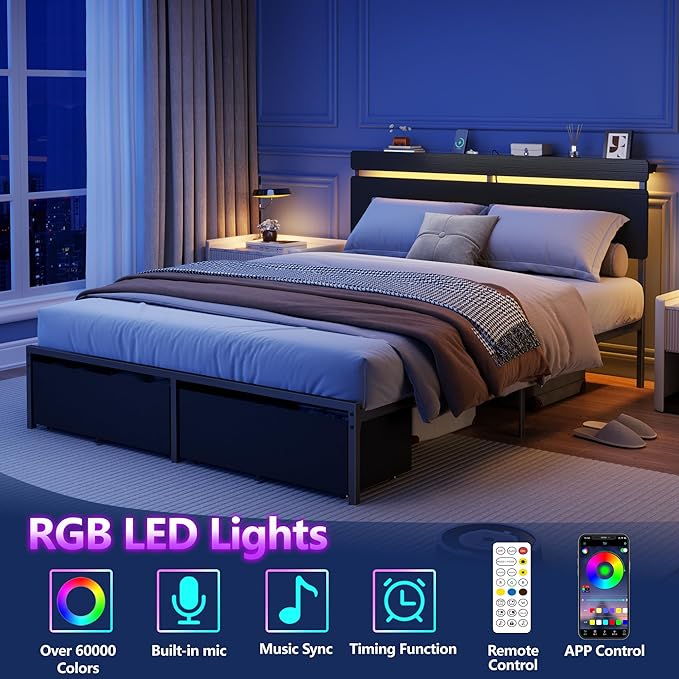Forestell Queen Bed Frame with Wood Headboard, Black Platform Bed with 2 Storage Drawers & Shelf, Built-in Charging Station & LED Lights, Metal Support, No Box Spring Needed, Cama Queen Size