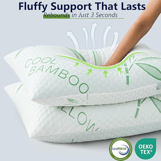 Shredded Memory Foam Pillows, Cooling Pillows King Size Set of 2 Adjustable Firm Bamboo Bed Pillows for Hot, Side, Back and Stomach Sleepers