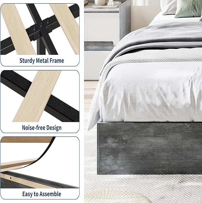 GarveeHome Queen Size Wood Platform Bed Frame,Wooden Bed Frame Without Headboard, Wood Slat Support,No Box Spring Needed, Easy Assembly