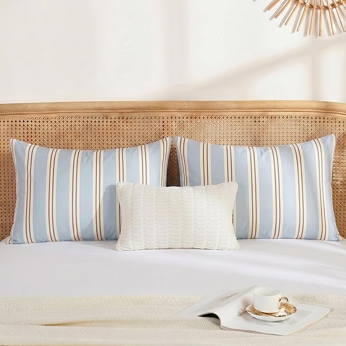 Merryword Standard Size Pillowcases, 100% Cotton Pillow Cases, Light Blue Striped Pillowcases, Soft Breathable Ribbon Stripe Pillow Covers, Set of 2